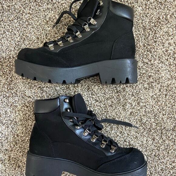 Soda black suede and leather chunky platform heeled boots lace up 7 - Picture 2 of 5